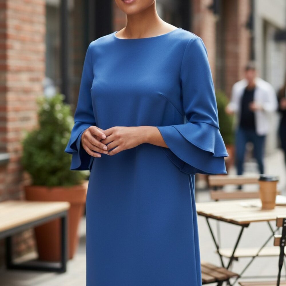 Ralph Lauren Blue Dress with Bell Ruffled Sleeves Gold Zipper Sz 10P